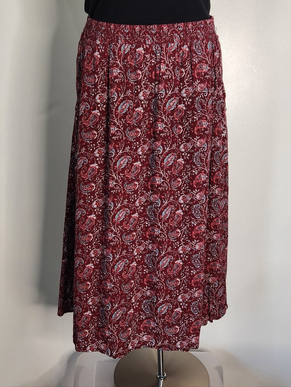 Garnet Hill Viscose Paisley Midi Skirt XL Burgundy Smocked Waist Pockets Boho
